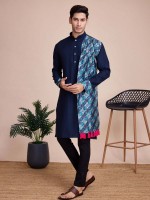 Navy Blue Silk Readymade Kurta With Stole